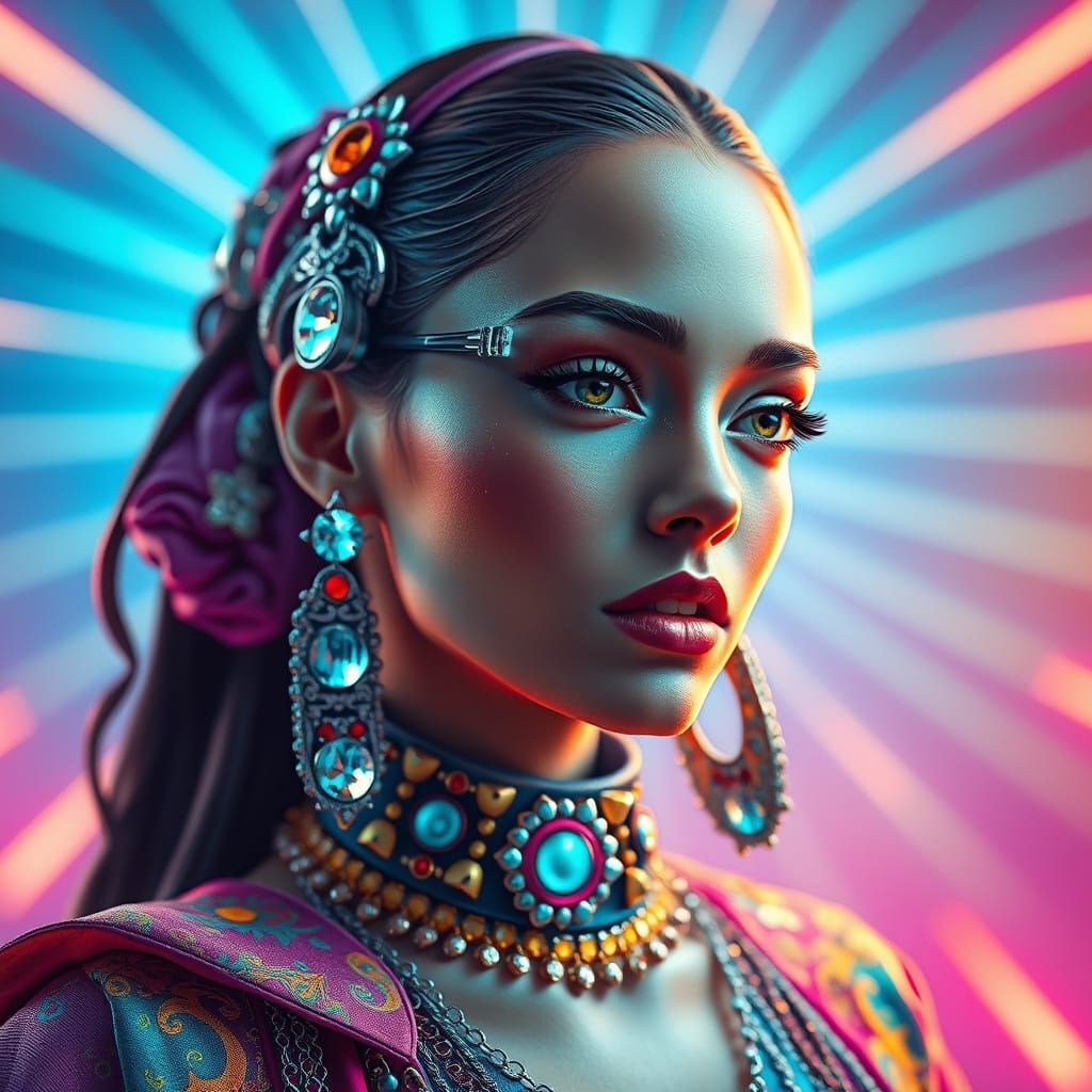 Beautiful Woman with Futuristic Jewelry in Hyperrealistic St...