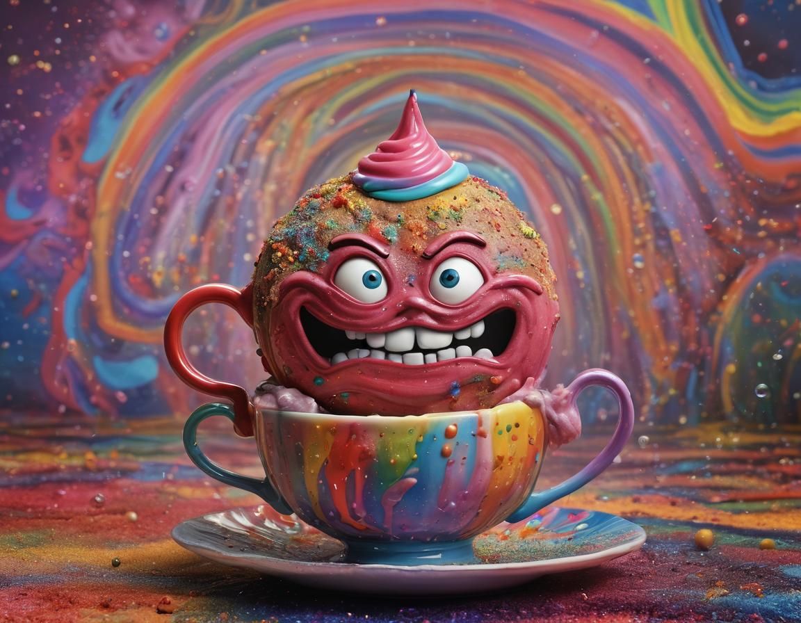 Psychedelic Whoopie Cushion Over Teacup, Surreal 3D Art