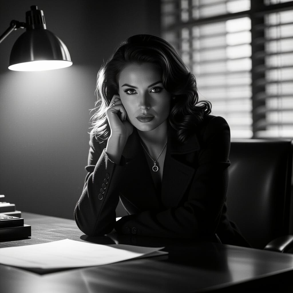 Noir Femme Fatale Portrait in Gritty Monochrome