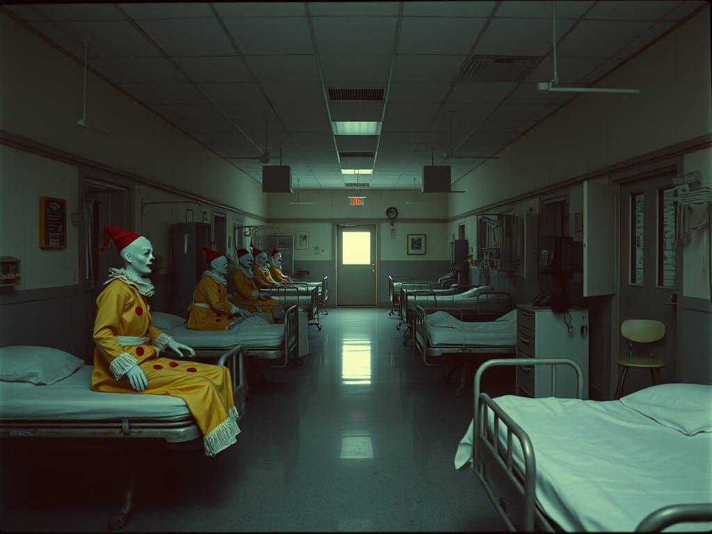 Creepy Clown Hospital Ward in 1970s Style
