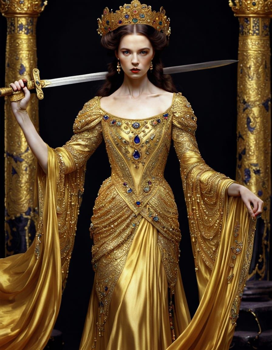 Mythological Queen in Gold Gown, Klimt-Inspired Art
