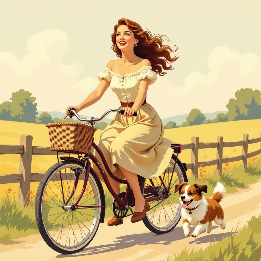 Woman Rides Bicycle in Vintage Illustration Style
