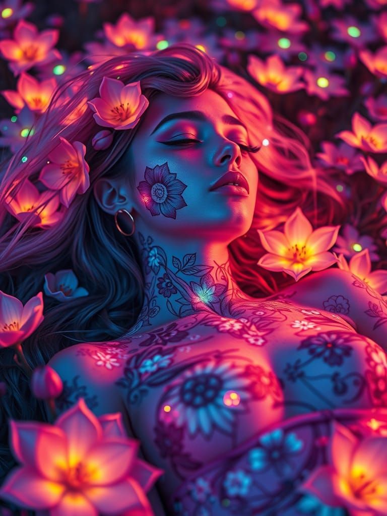 Ethereal Woman in Bioluminescent Flower Field