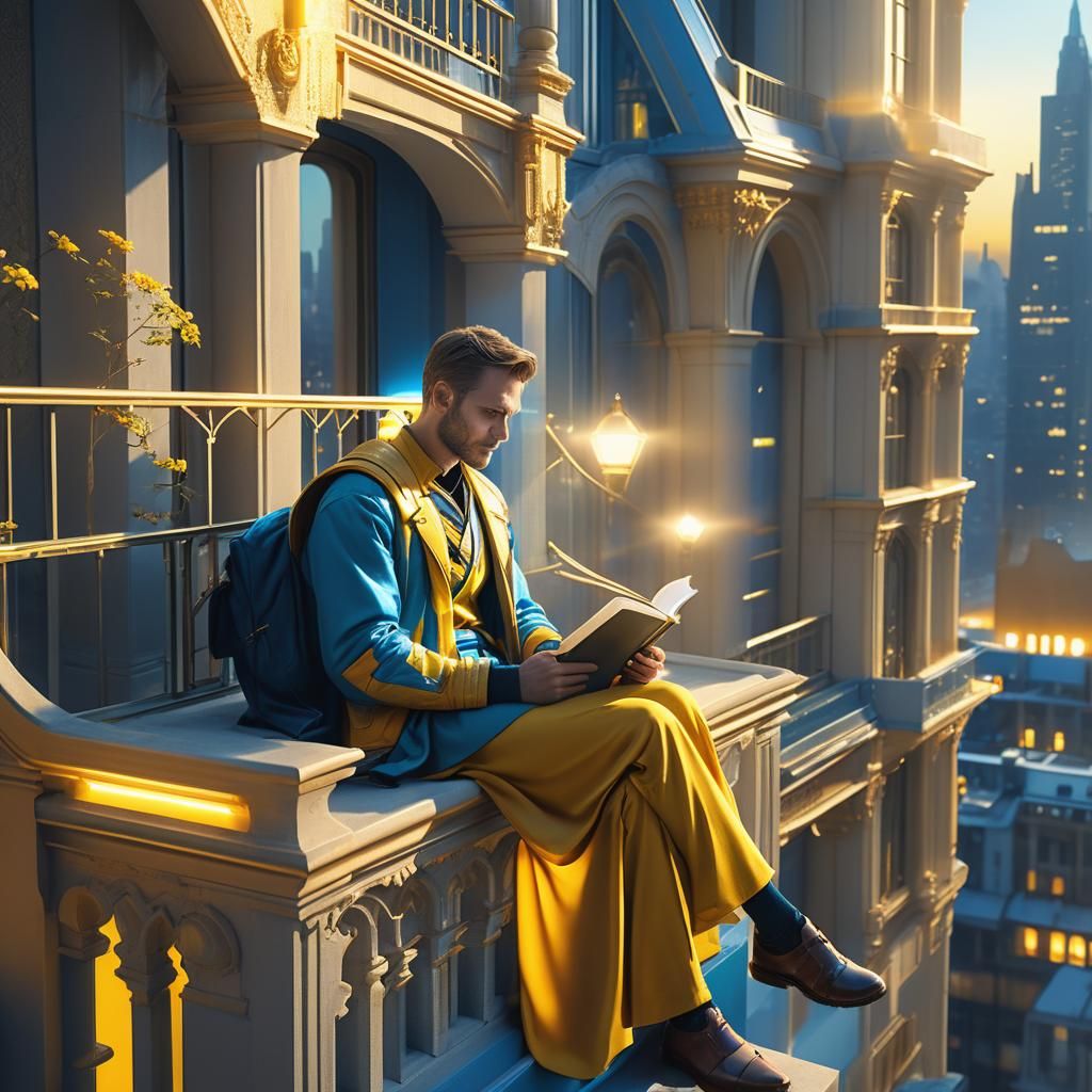 Man Reading on Skyscraper Balcony in a Futuristic Cityscape