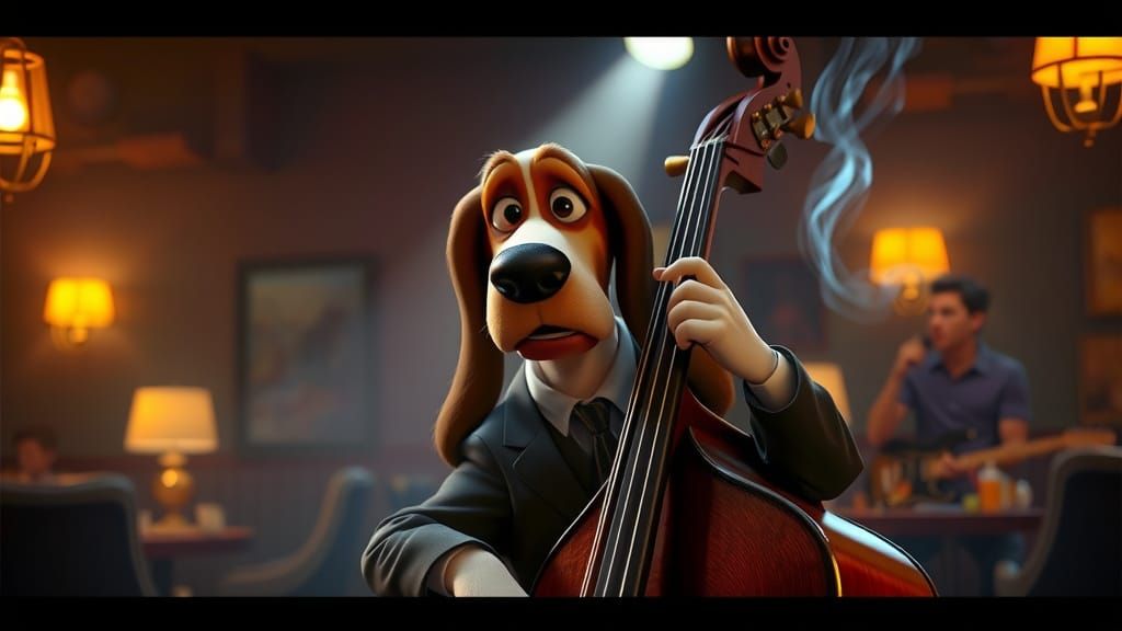 Pixar-Style Basset Hound Plays Jazz in Smoky Club