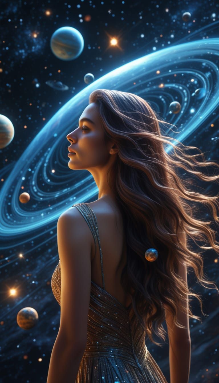 Celestial Woman Dissolving into Stardust in Digital Art