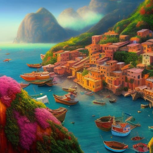 Oceanfront Italian Village in Detailed Matte Painting