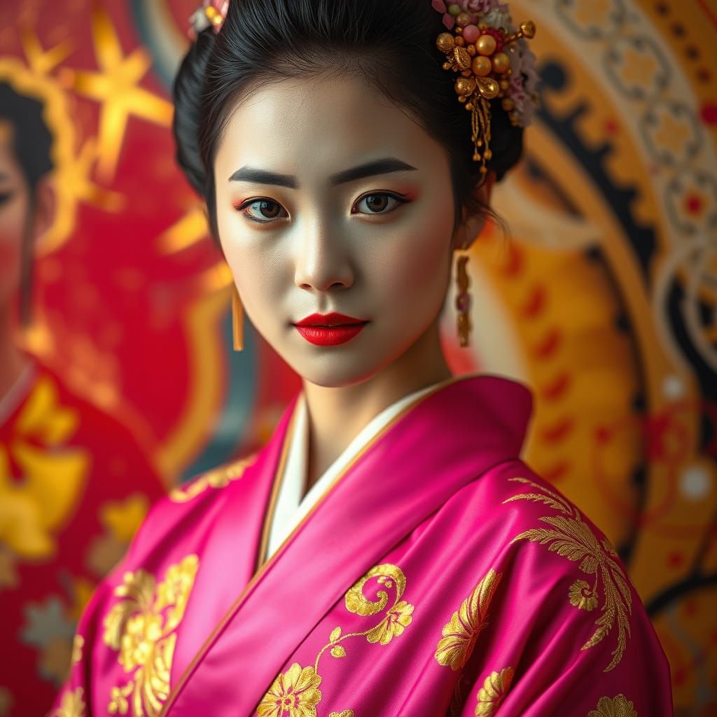 Japanese Woman in Kimono with Abstract Graffiti Background