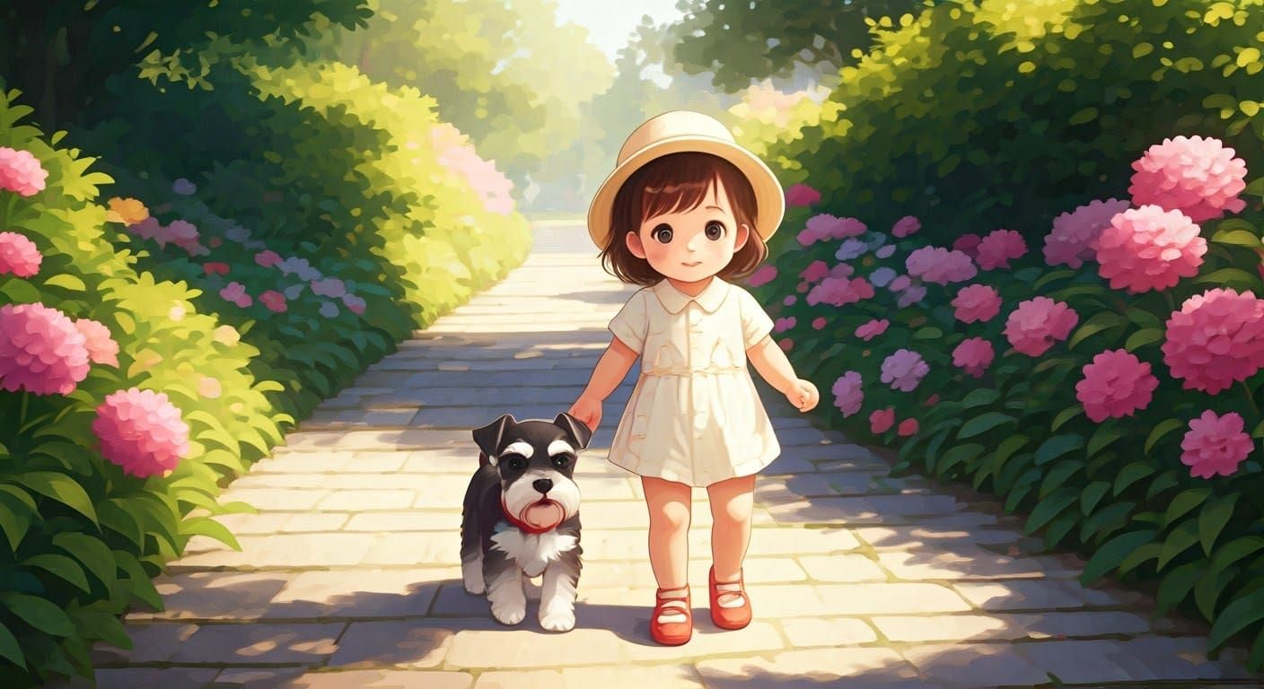 Girl and Schnauzer Stroll in Anime Style