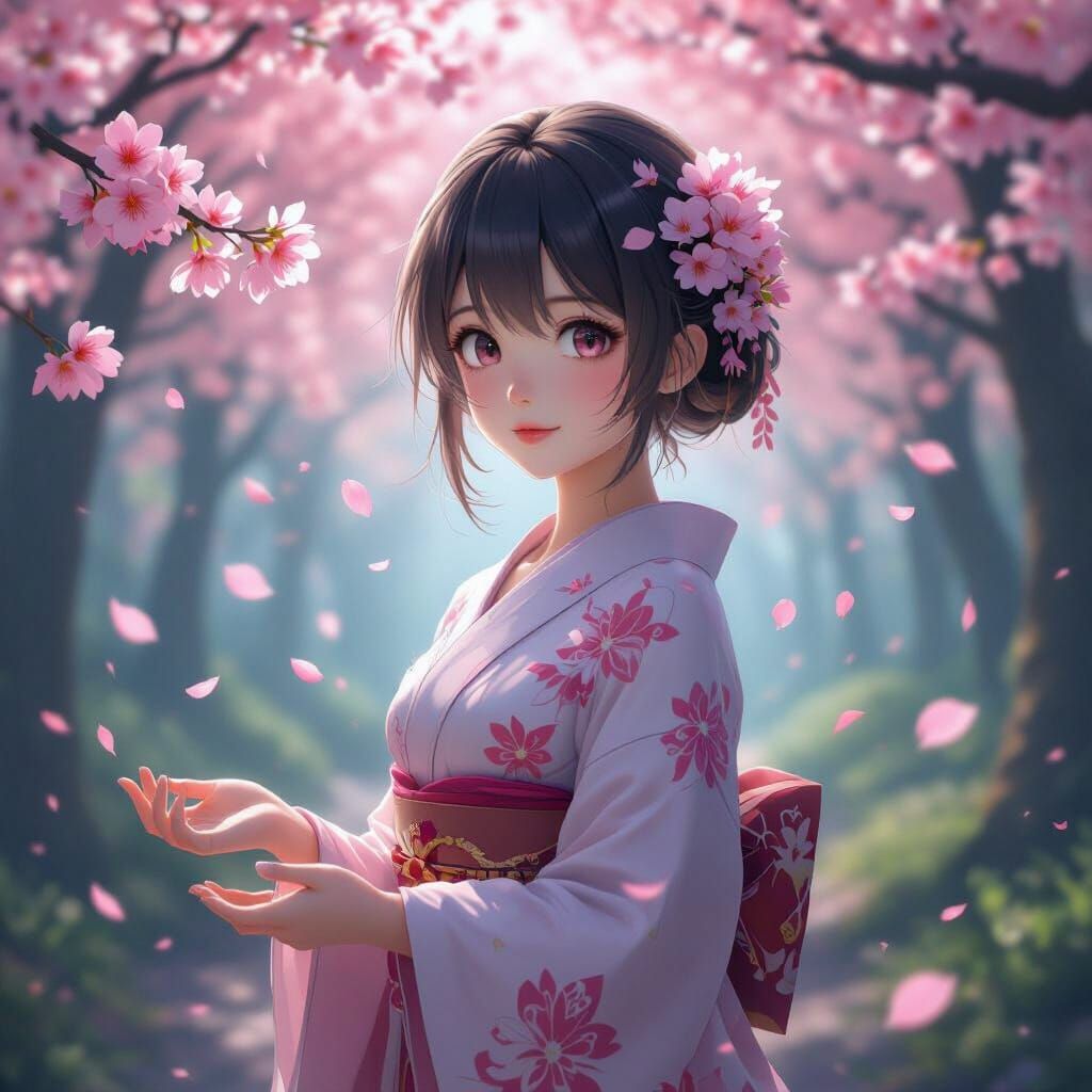 Anime Girl Sakura in Mystical Forest