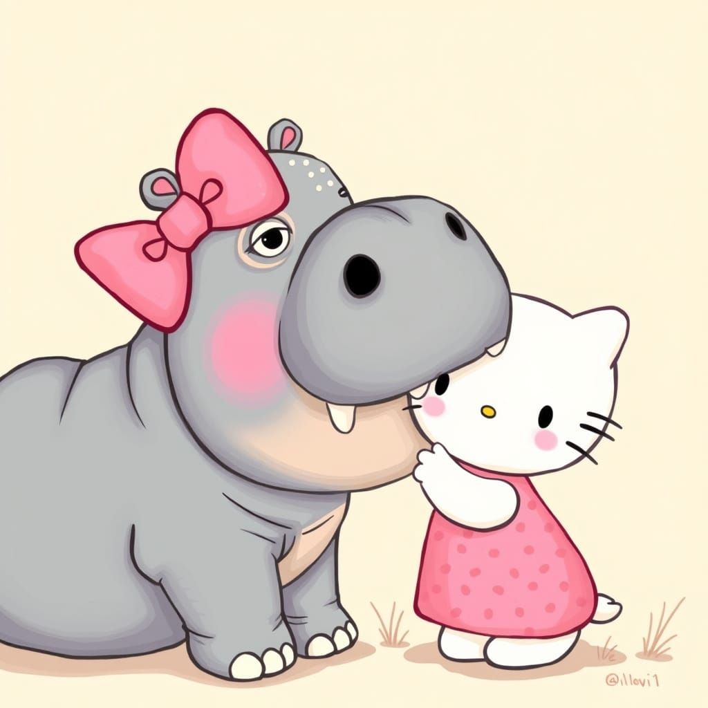 Hippo Kisses Hello Kitty: Whimsical Pastel Art