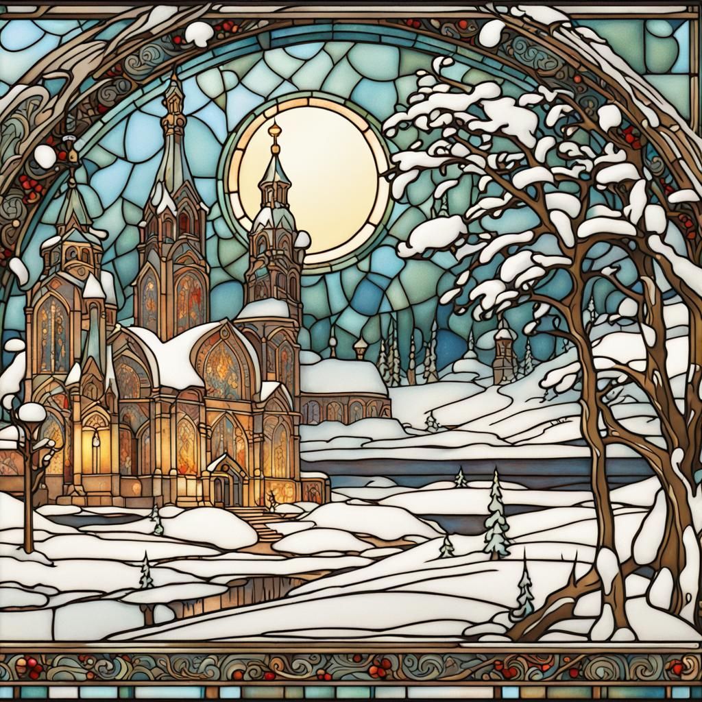 Art Nouveau Winter Church on Stained Glass
