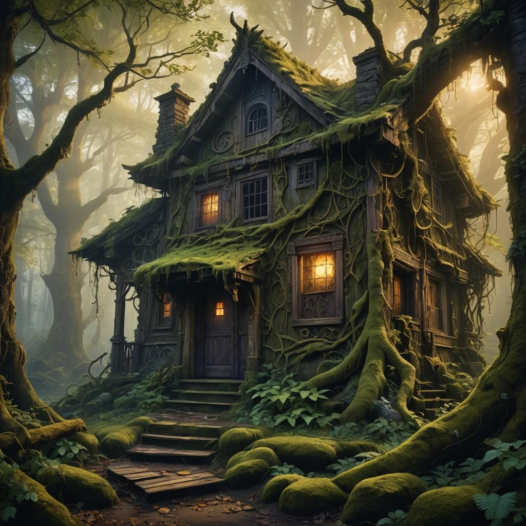 Eerie Abandoned Cabin in Mystical Woods: Fantasy Art