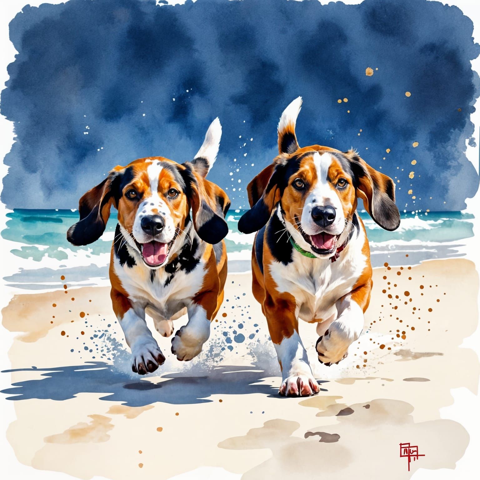 Basset Hounds Running on Beach in Watercolour Style
