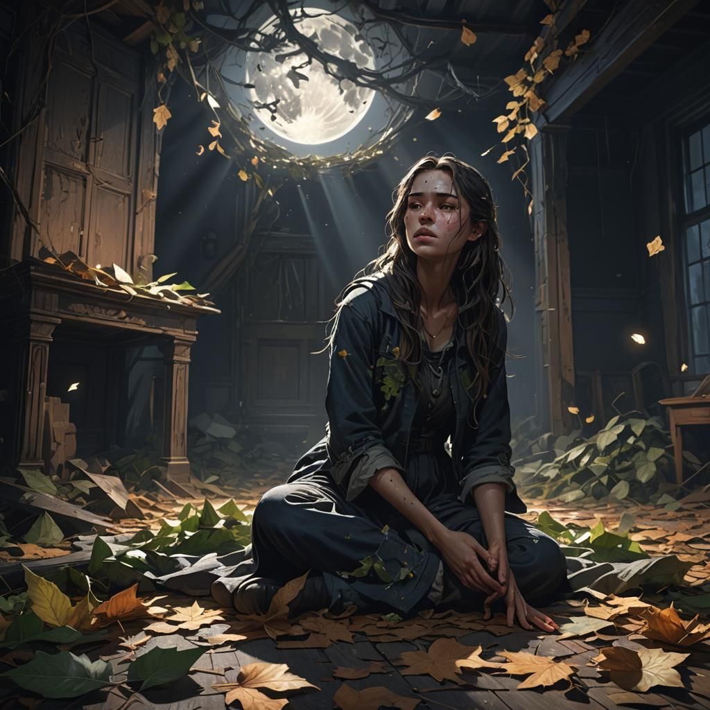 Weeping Woman in Abandoned Room, Dark Fantasy Art