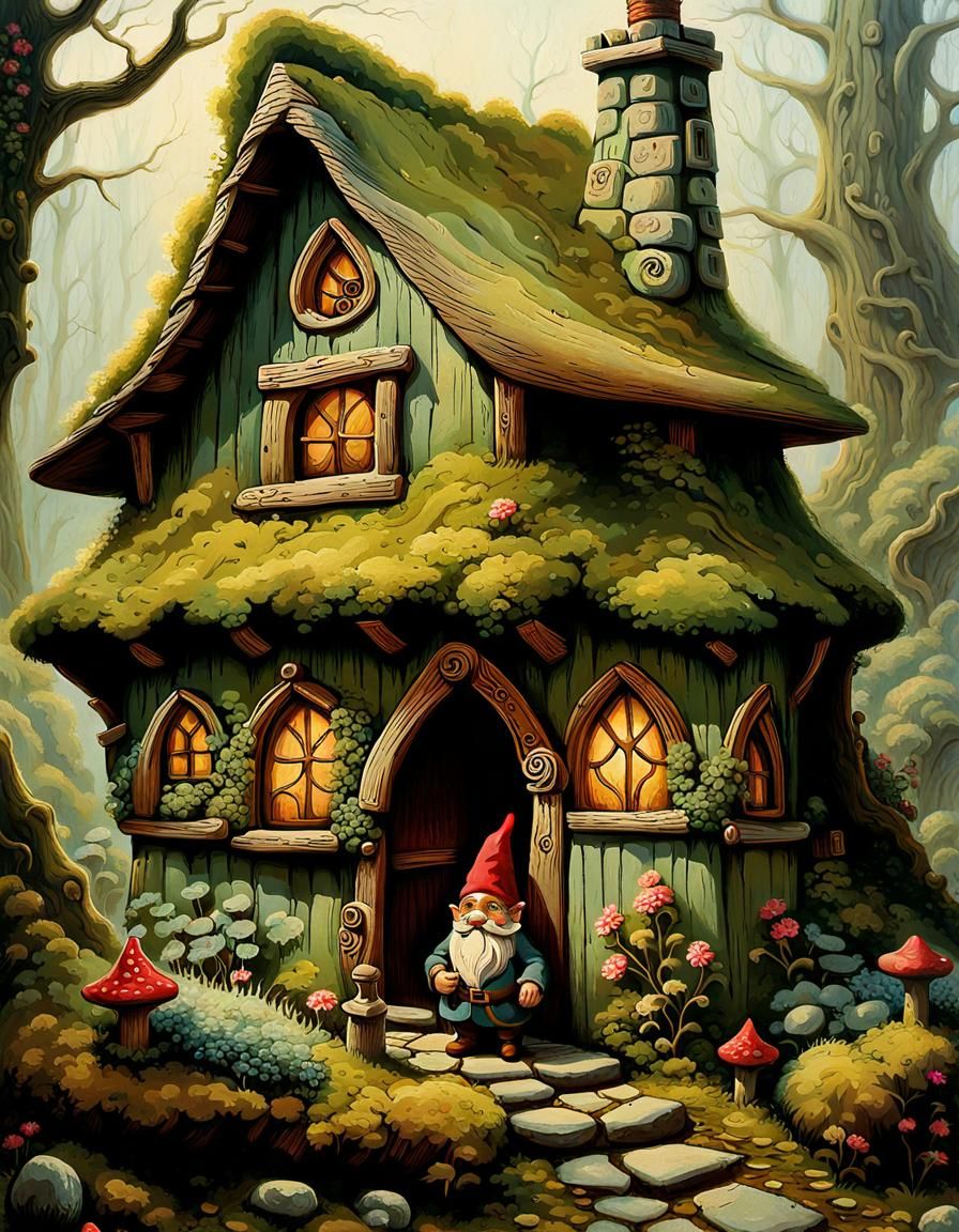 Gnome Beside Cottage in Whimsical Oil Painting Style