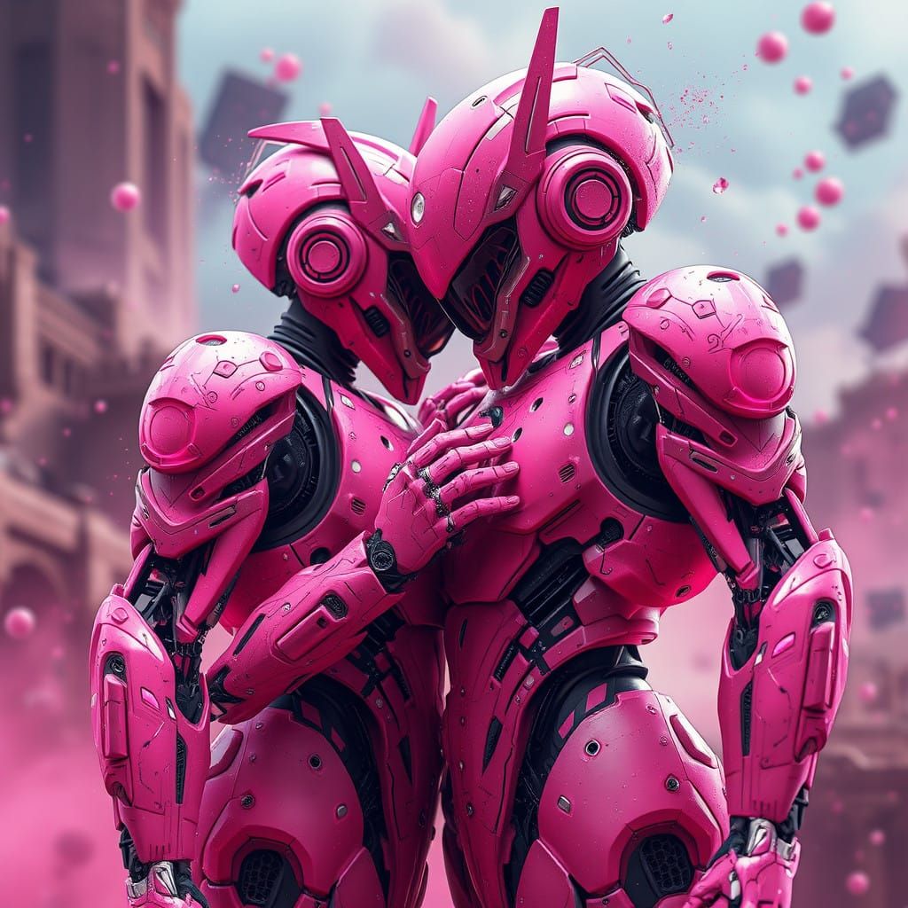 Surreal Pink Robots in a Vibrant Fantasy World