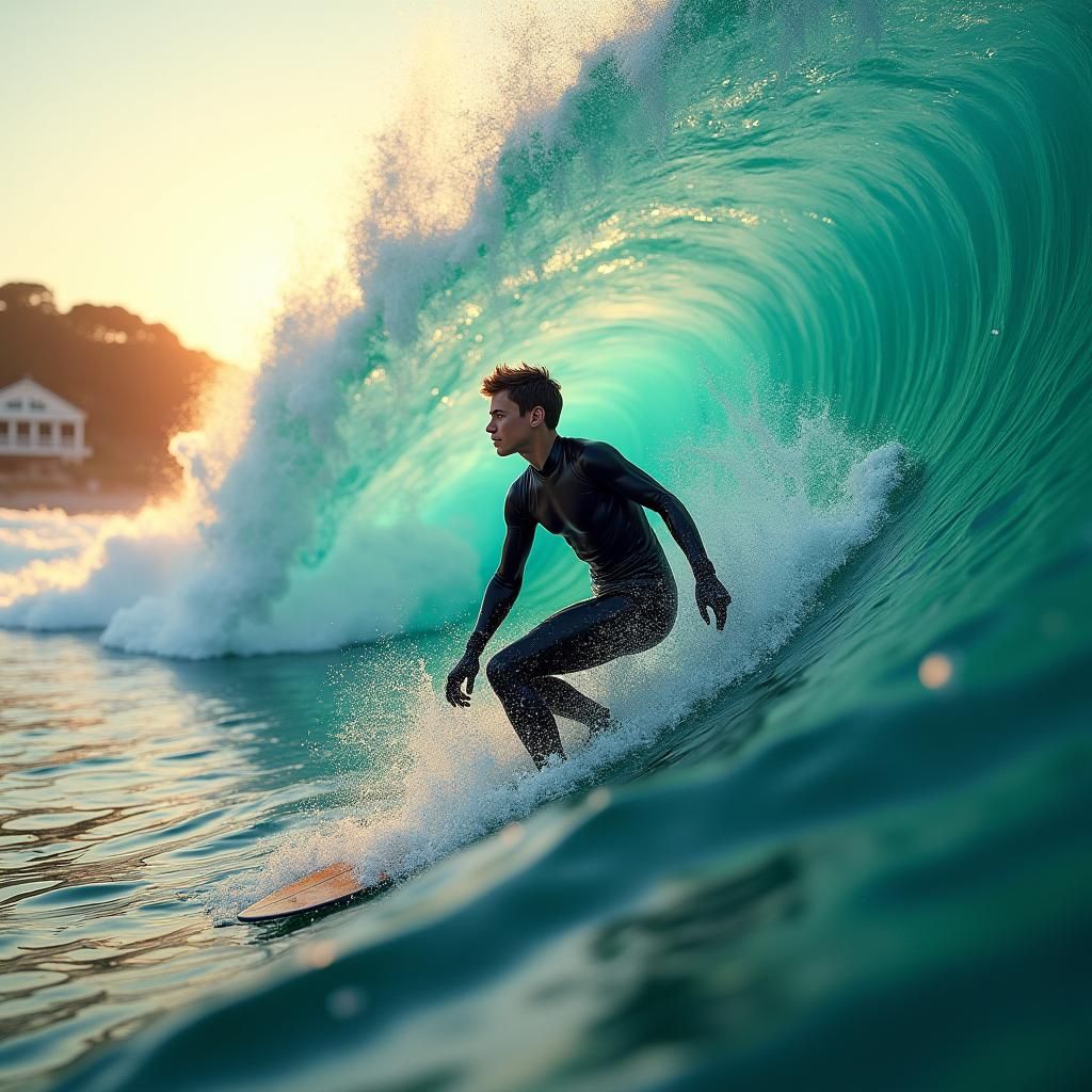 Surfer Rides Massive Wave in Nazare at Sunset