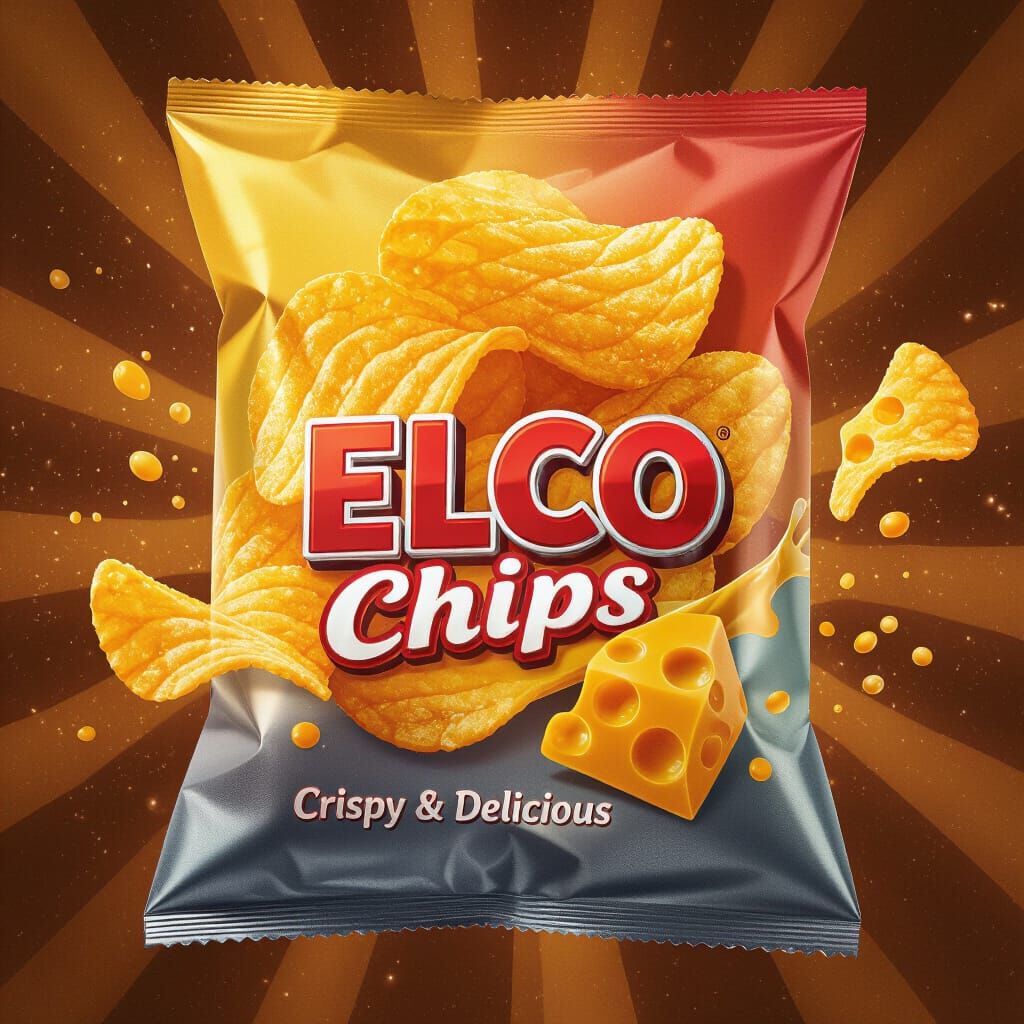 Premium Elco Chips Packaging Design with Orange & Yellow Gra...