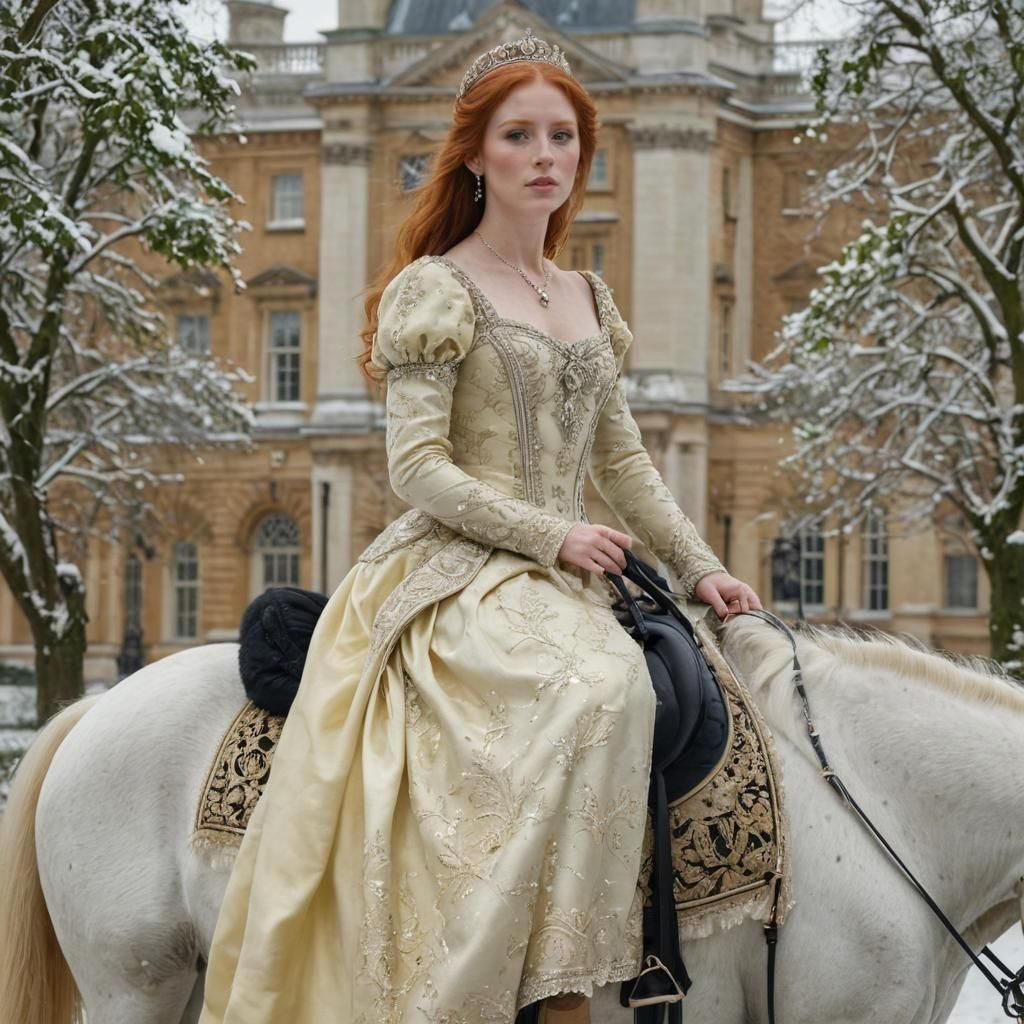 Renaissance Princess on White Horse in Palace Gardens