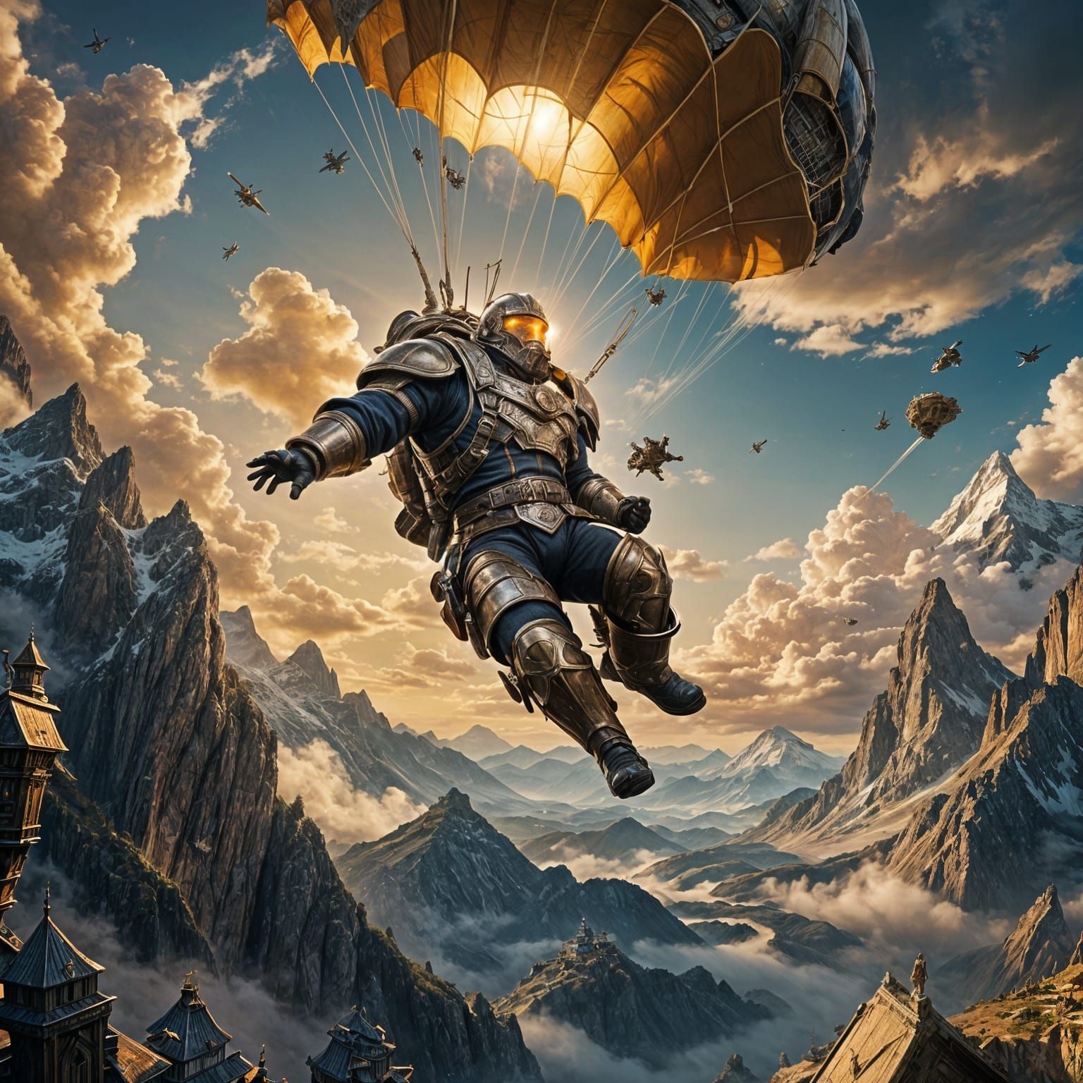 Dwarven Paratrooper Skydiving: Epic Fantasy Concept Art
