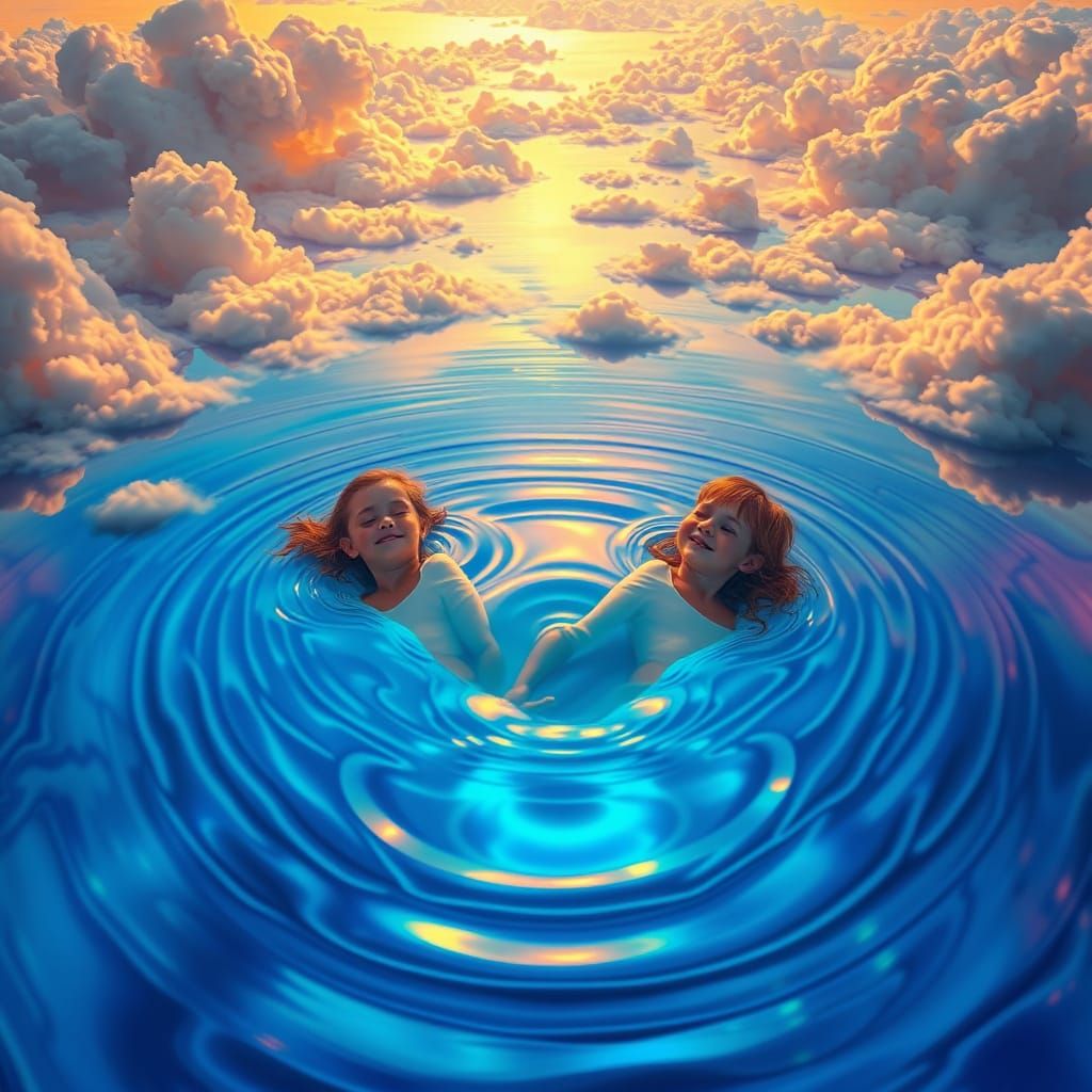 Dreamy Lake of Shimmering Fluids with Floating Children