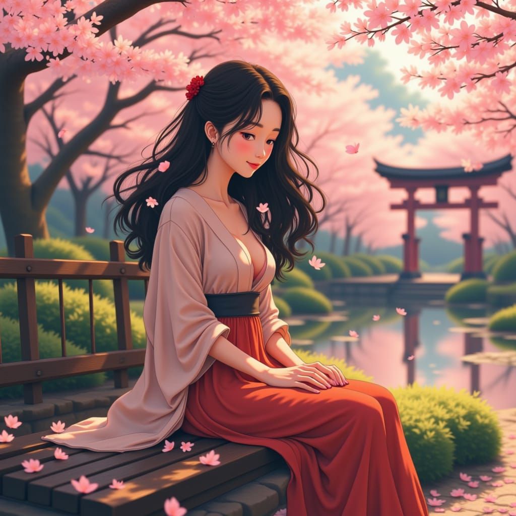 Serene Japanese Garden Scene With Smiling Woman