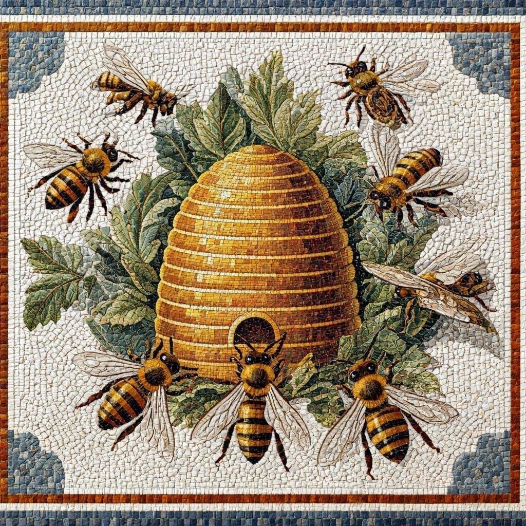 Roman Mosaic of Golden Bees and Honeycomb