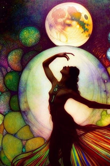 Ethereal Woman Dancing Under the Moon in Hyperrealism