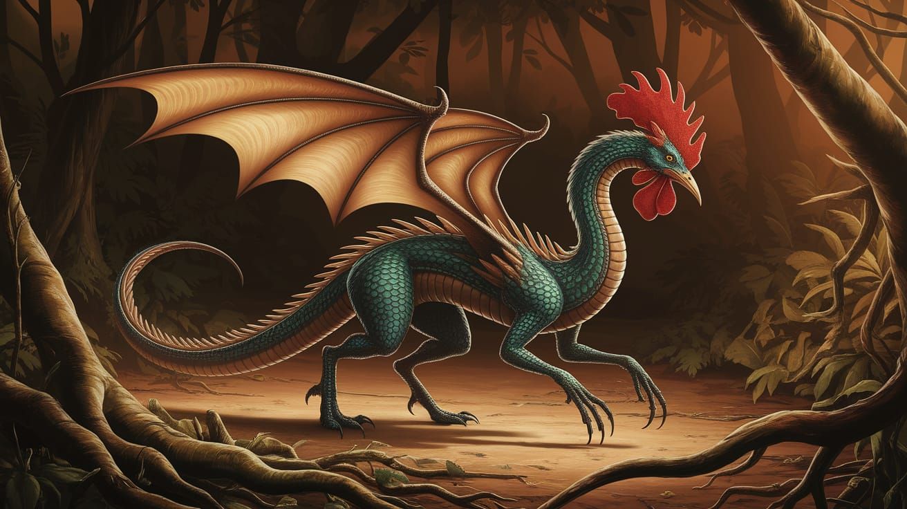 Fearsome Cockatrice Emerges from Shadows in Warm-Hued Forest