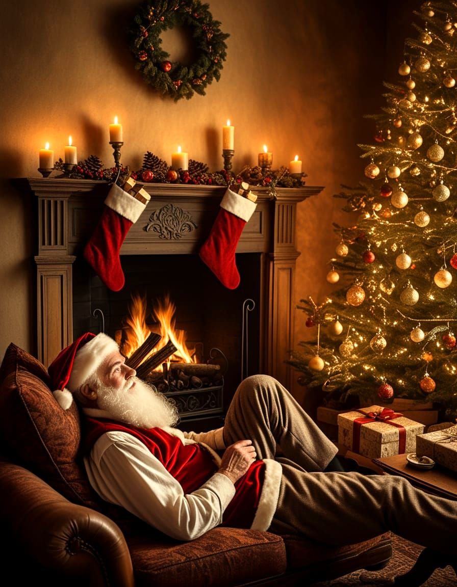 Santa and Mrs Claus Relax by Cozy Fireplace in 19th Century ...