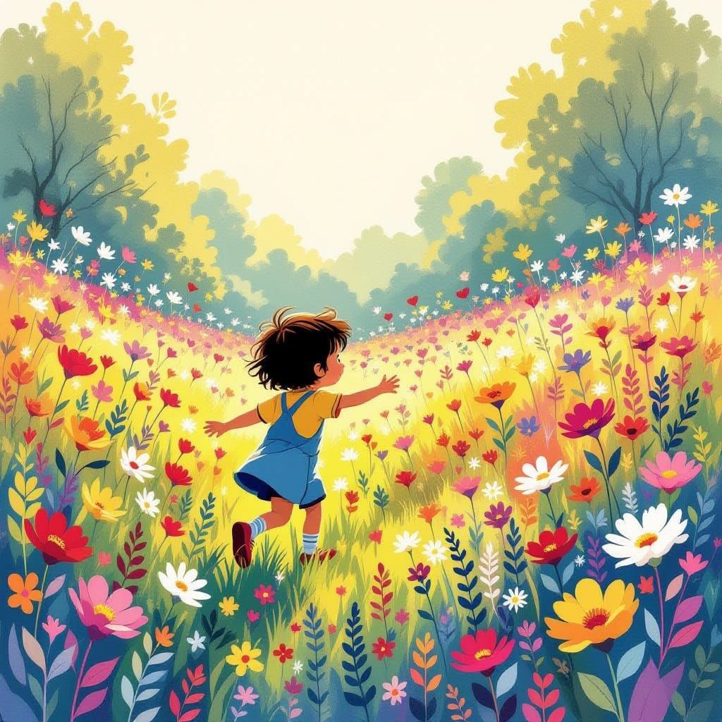 Child's Whimsical Meadow Adventure in Vibrant Illustration S...