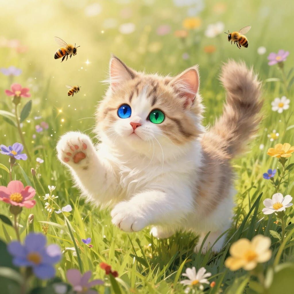Fluffy Calico Kitten with Blue and Green Eyes in Meadow