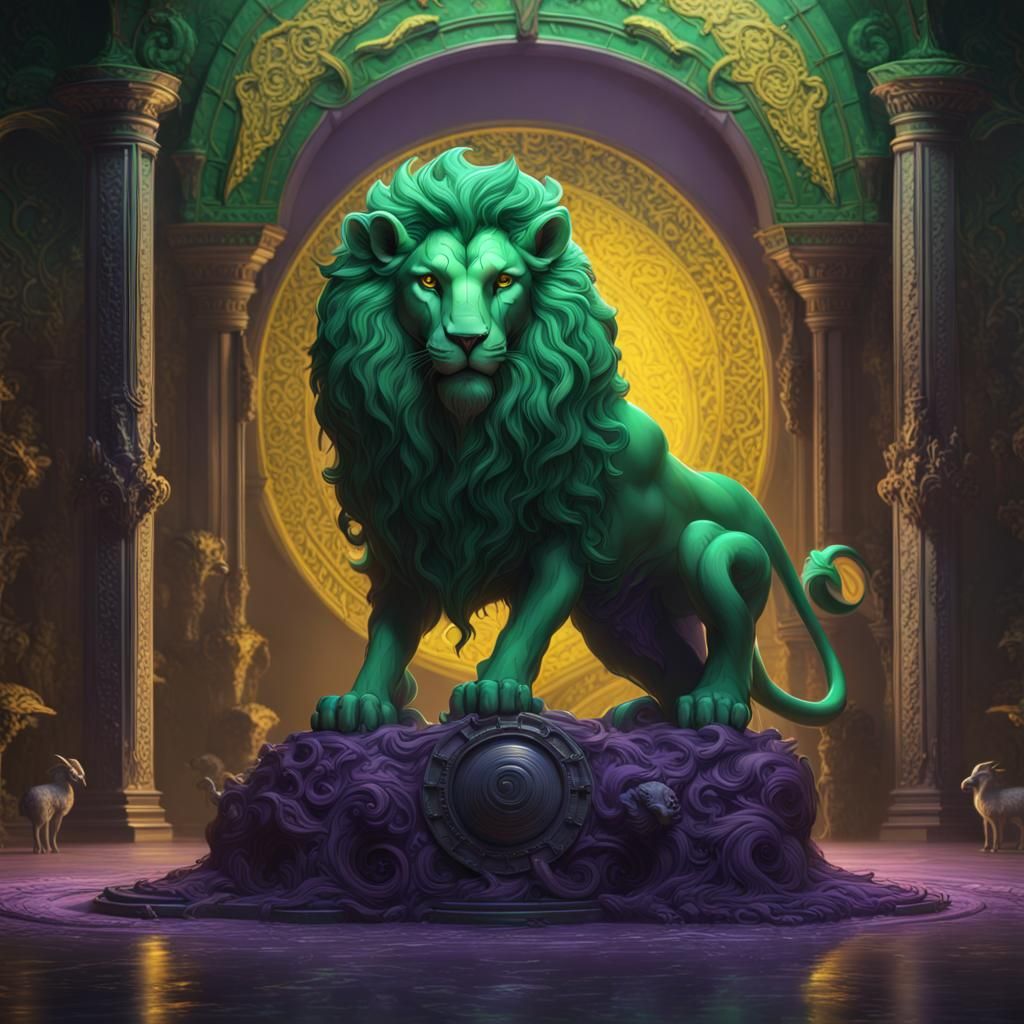 Green Lion with Ram Horns in Dark Fantasy Style