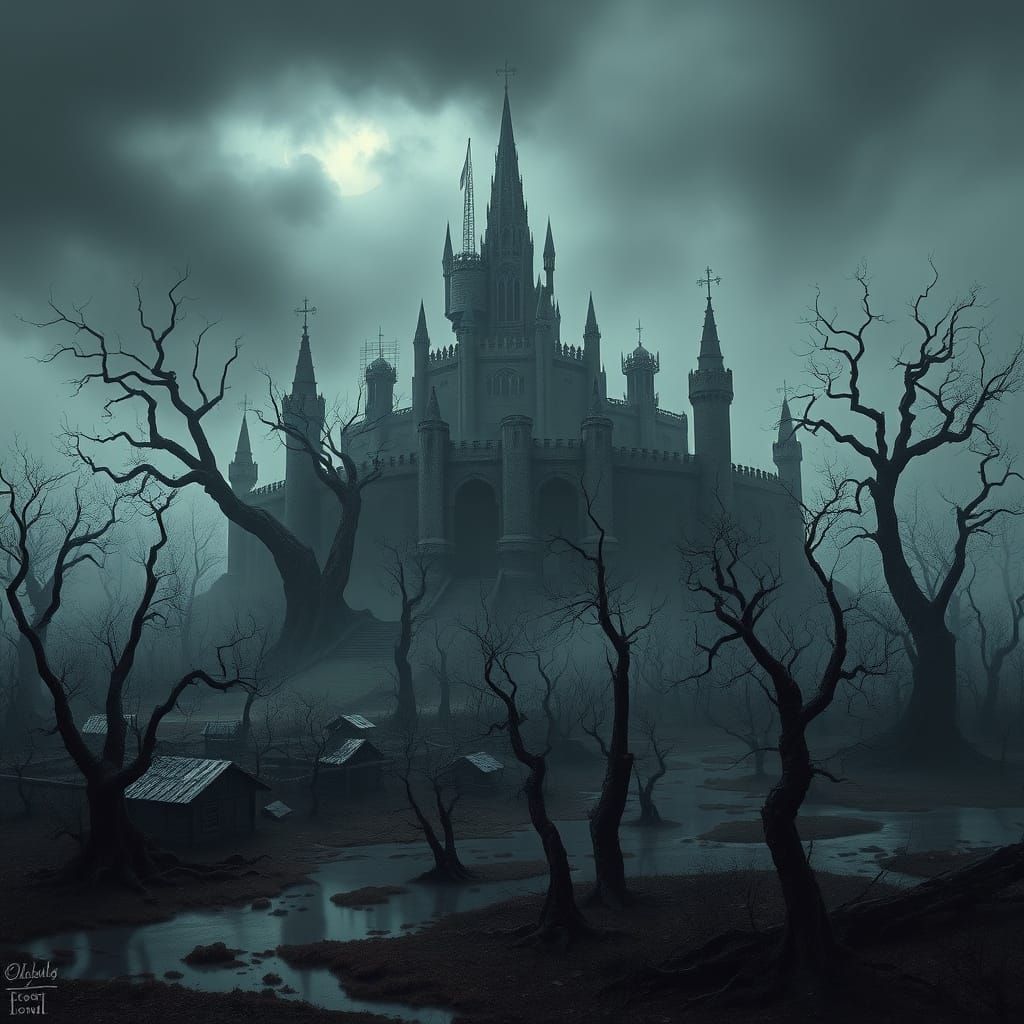 Ruined Gothic Fortress in Shadow: A Dark Landscape