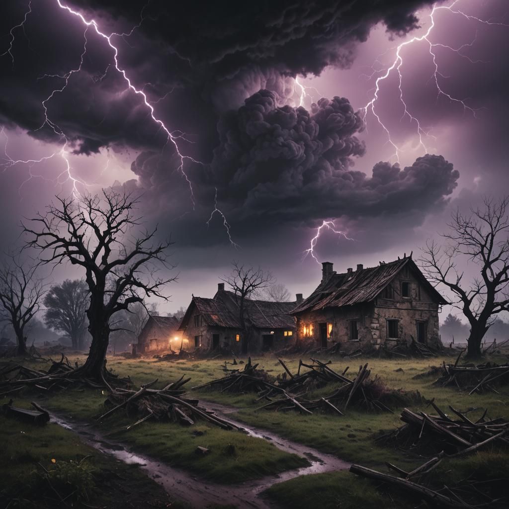 Ominous Dark Fantasy Storm Over Abandoned Village