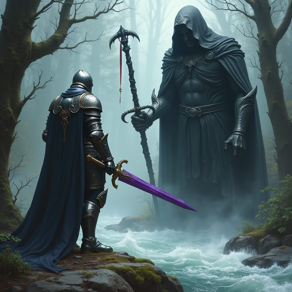 Knight Confronts Necromancer in Dark Fantasy Style