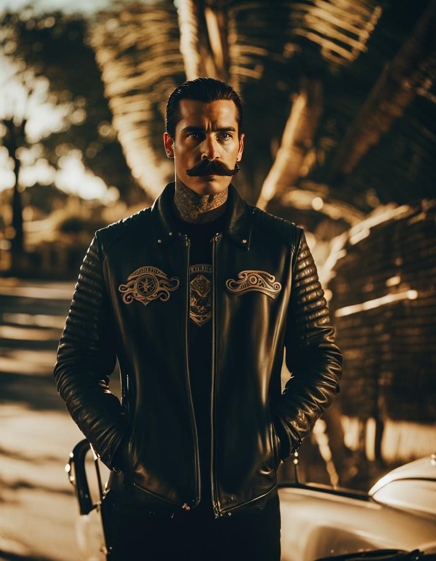Biker Portrait with Tattoos in Film Noir Style