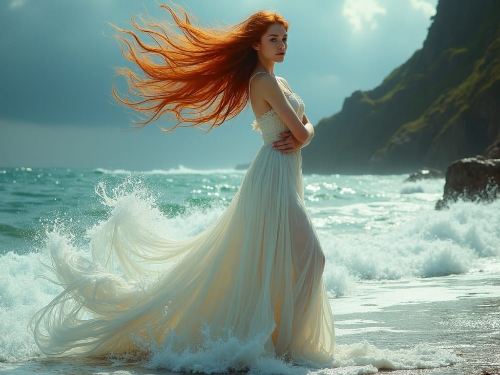 Ginger Haired Woman at Stormy Ocean Edge