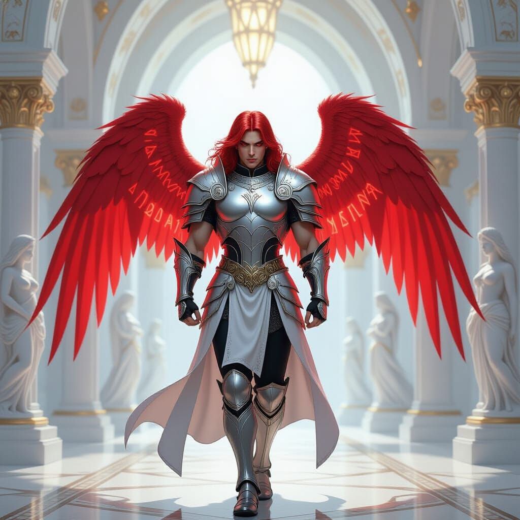 Male Angel With Runed Wings in Heavenly Fortress