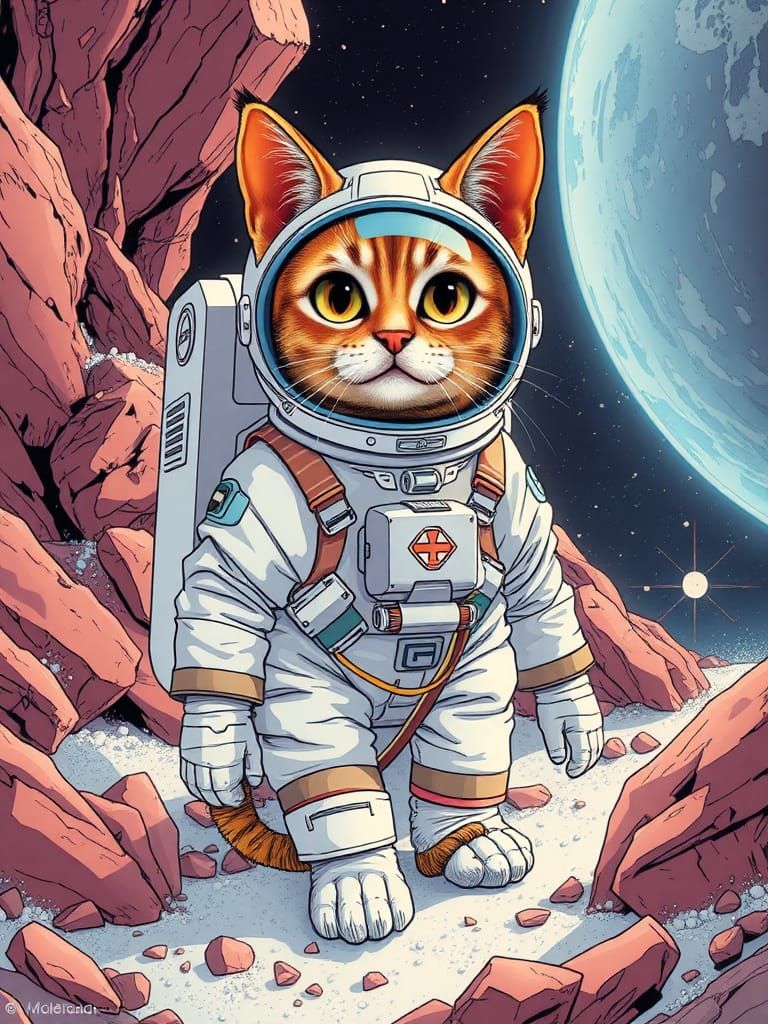 Astronaut Cat on Mars in Comic Book Style