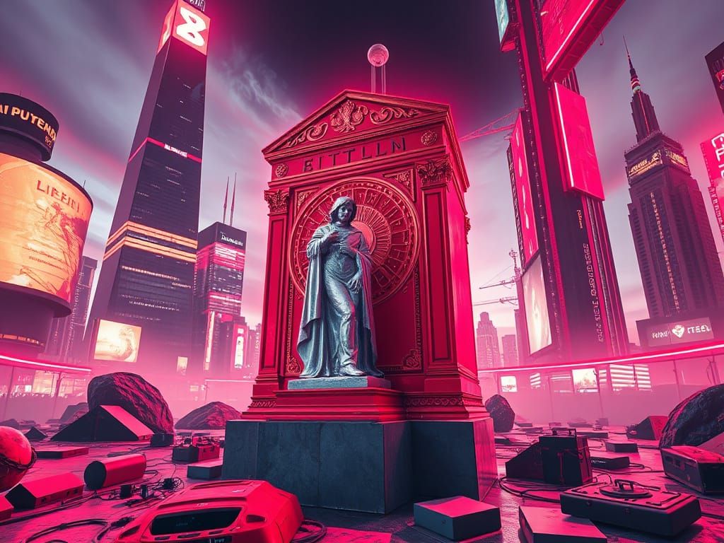 Dystopian Blockchain Crypt Statue with Neon Accents
