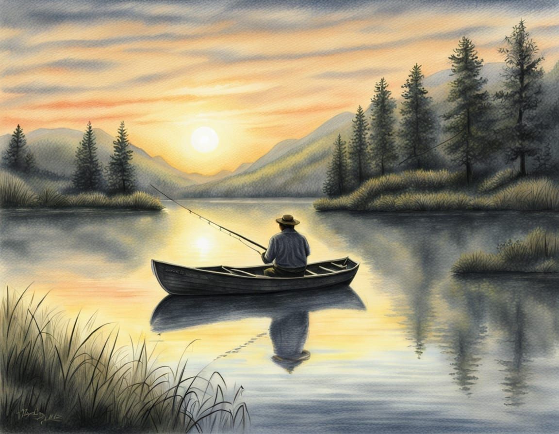 Fisherman in Serene Sunrise Lake Pastel Pencil Art