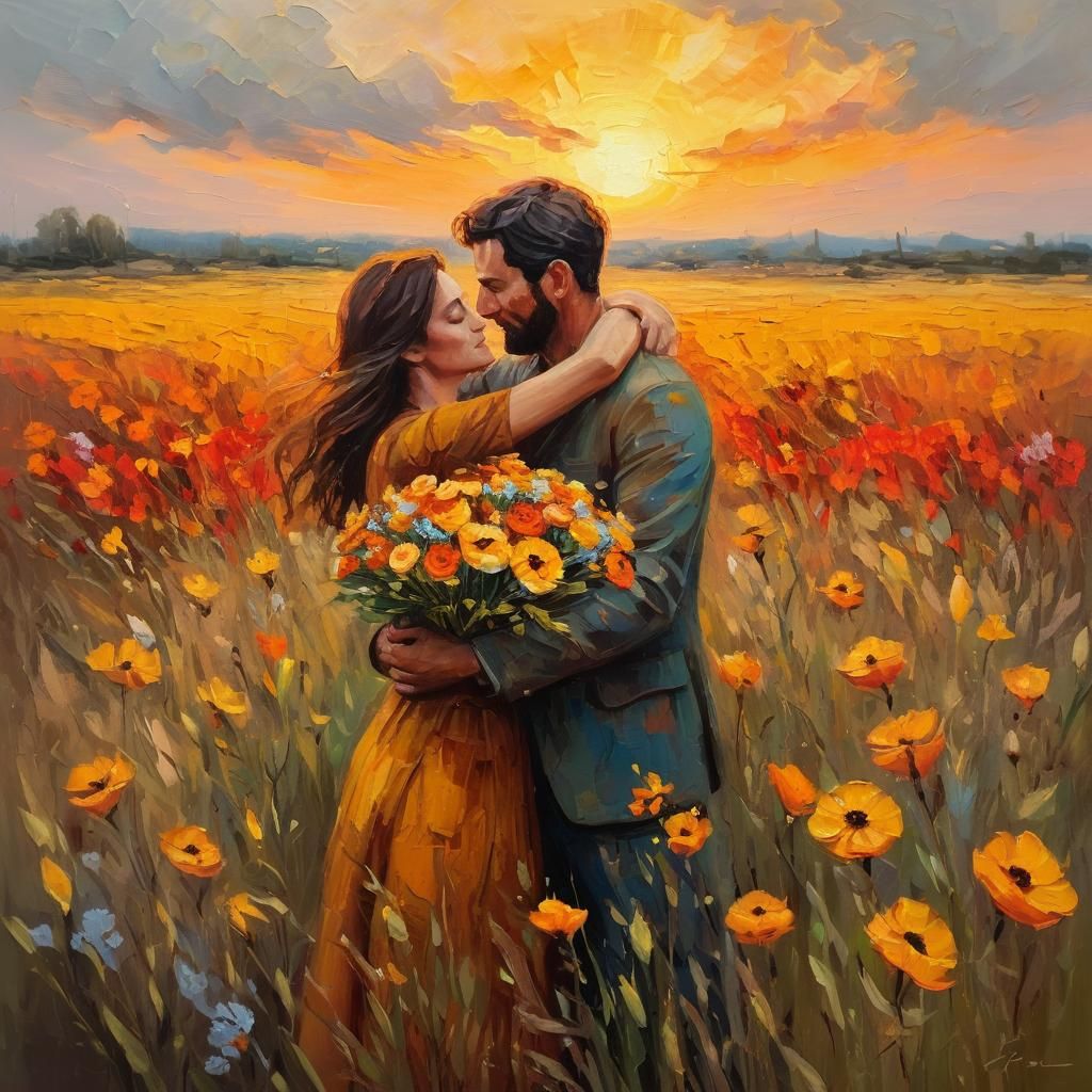 Embrace in Wartime: Vibrant Oil Painting of Hope