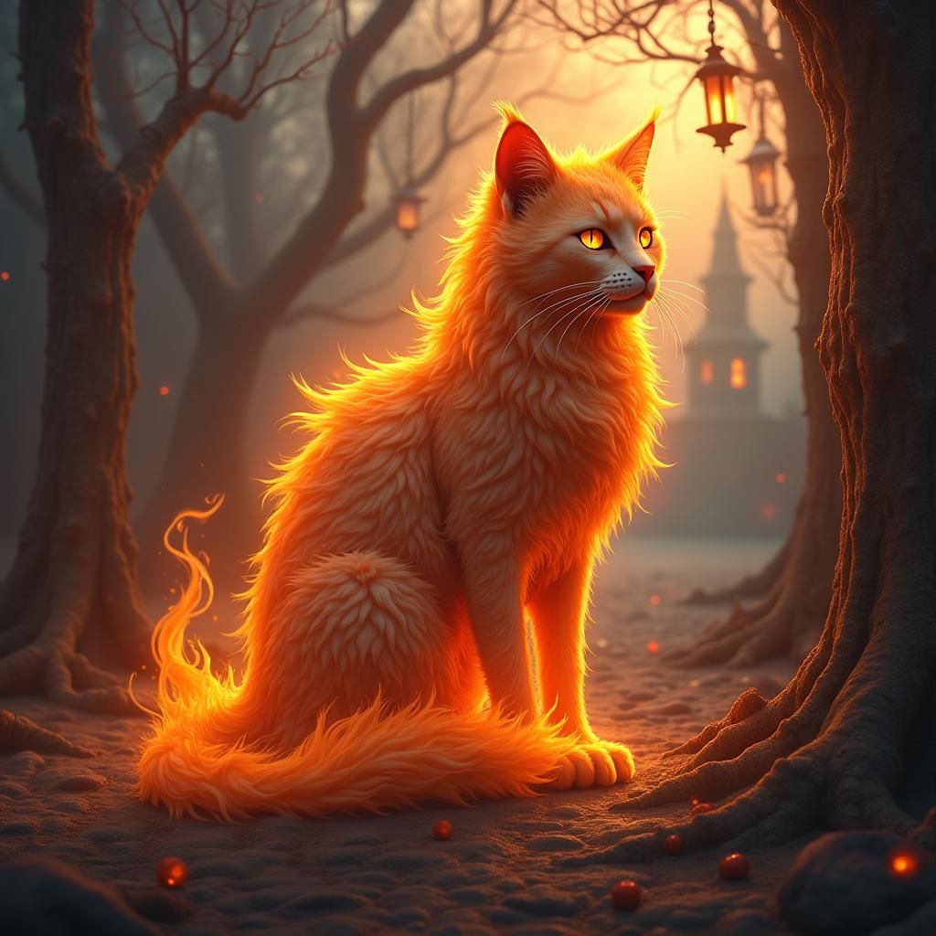 Flaming Cat in Ethereal Fantasy Realm