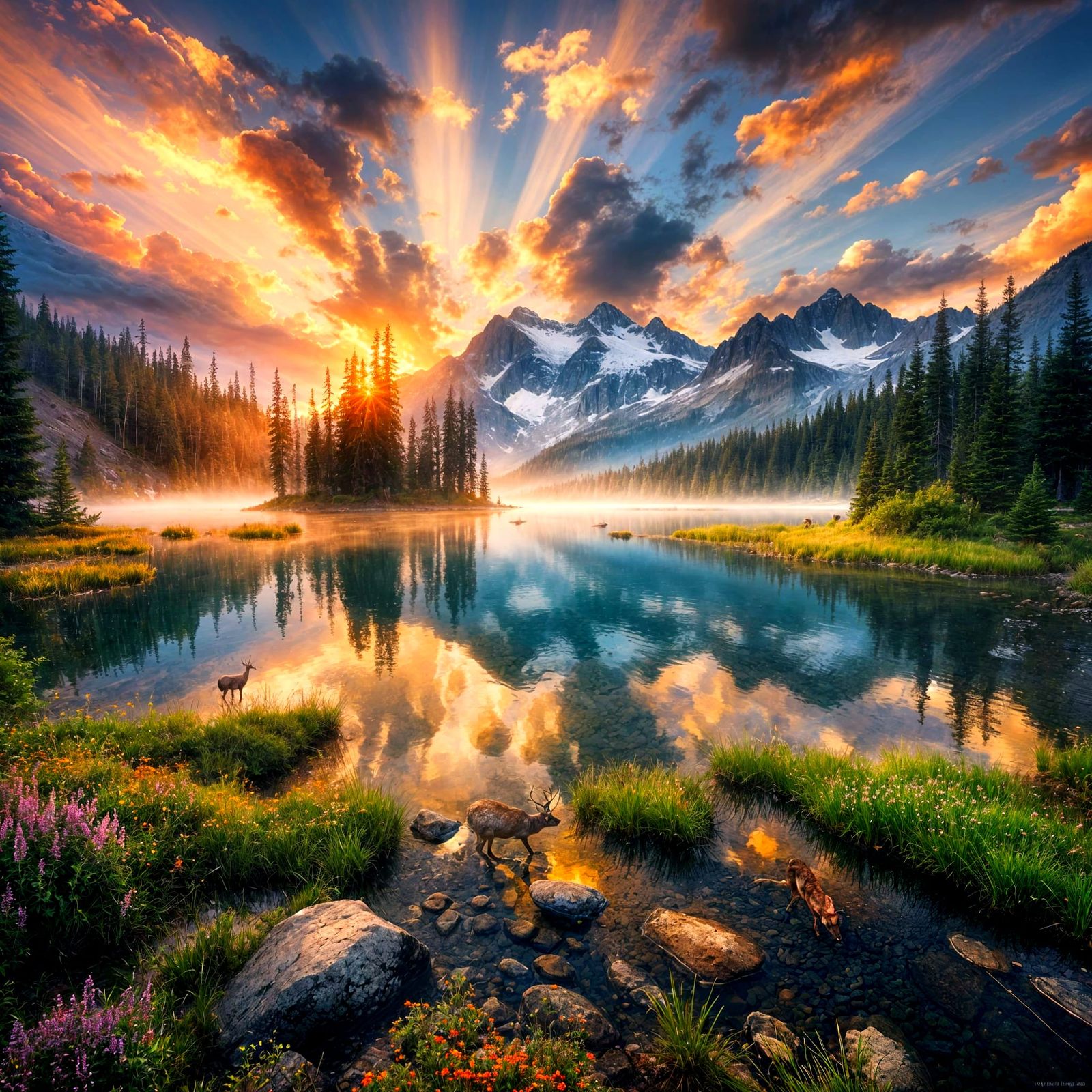 Serenity of Alpine Dawn: Deer's Reflection in Glassy Lake