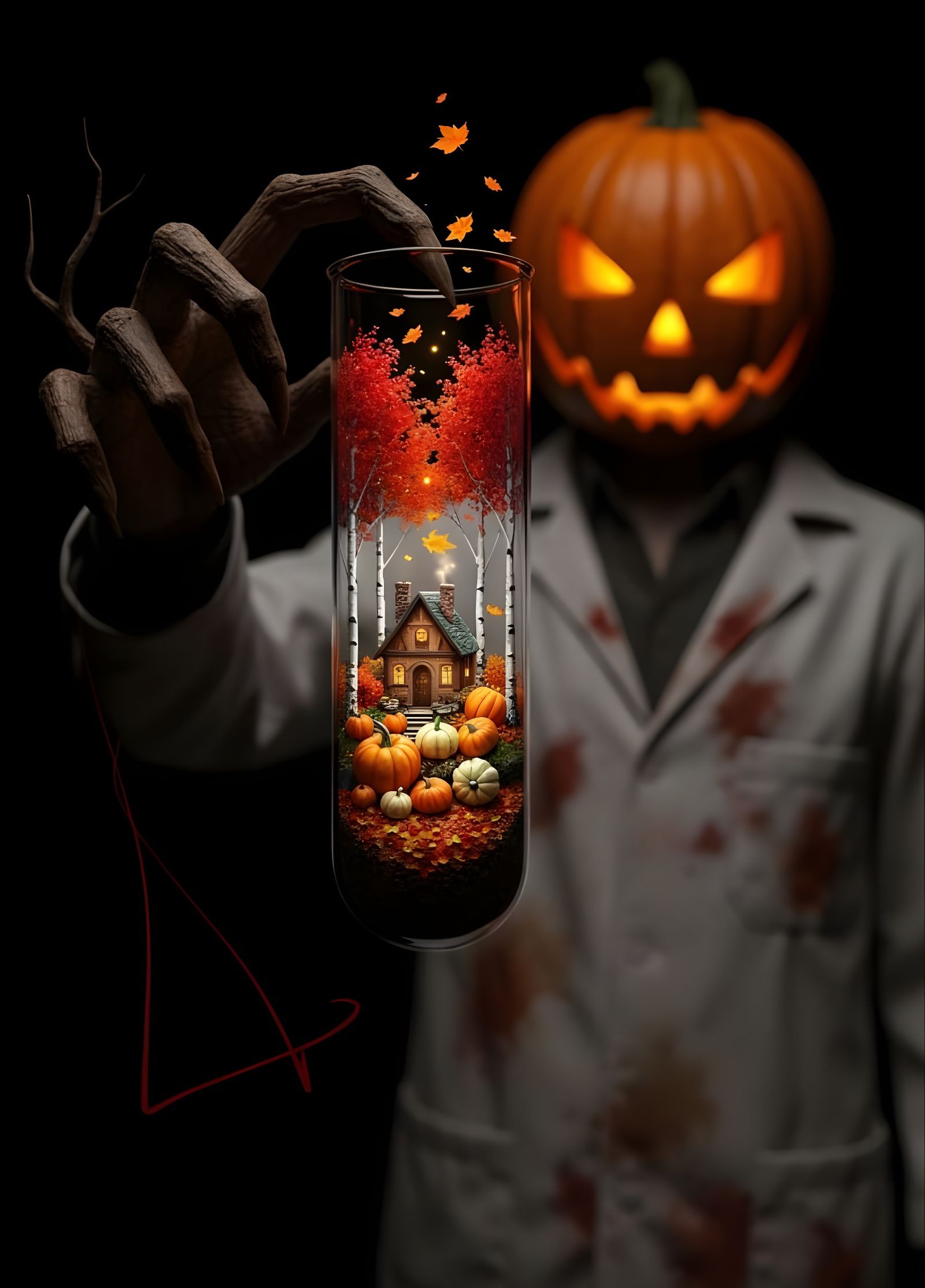 Whimsical Autumn Cottage in Test Tube Held by Jack-o'-lanter...