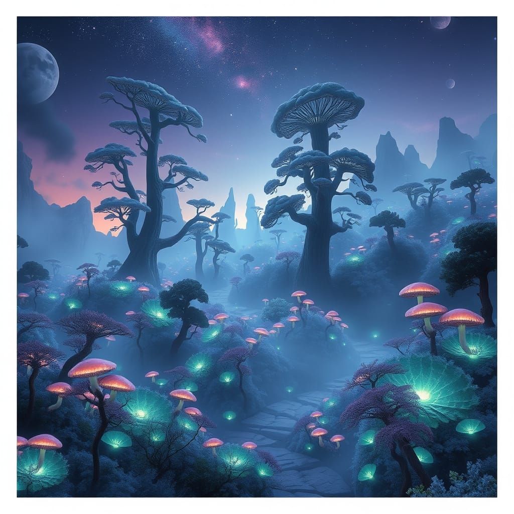 Bioluminescent Forest on Xylos in Syd Mead Style
