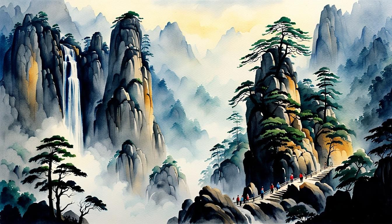 Huangshan Mountains Waterfall with Animist Altar