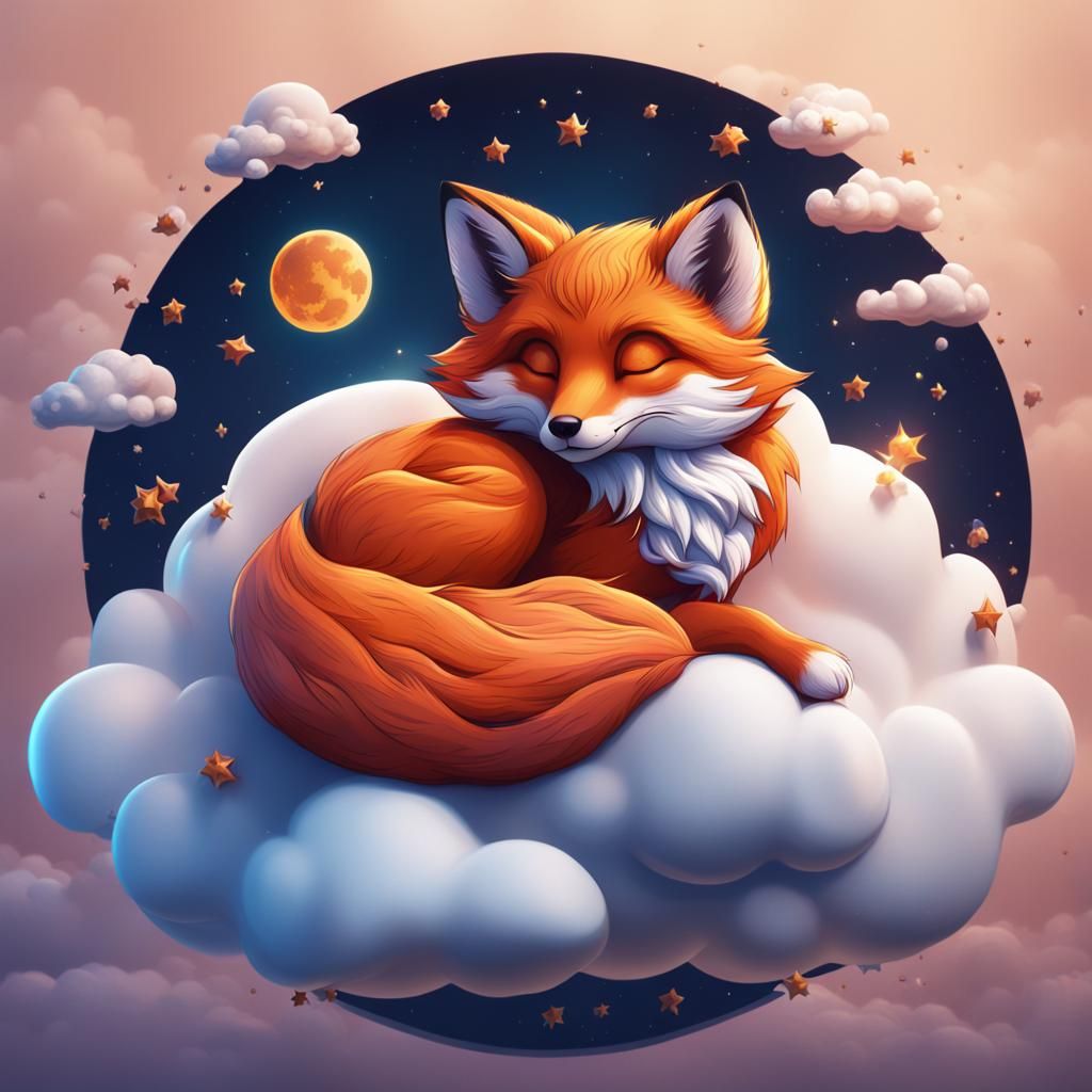 Cute Fox Asleep on Cloud: Fantasy Concept Art